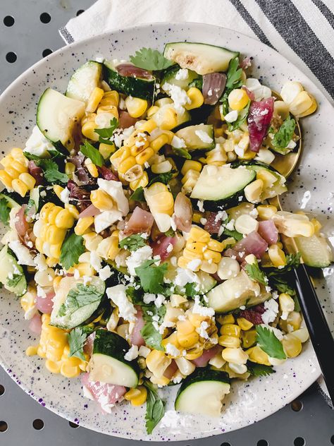 Grilled Corn and Zucchini Salad Zucchini And Corn Recipes, Corn And Zucchini Salad, Corn And Zucchini, Spiced Zucchini, Salad With Chickpeas, Garam Masala Spice, Summer Zucchini, Zucchini Salad, Masala Spice