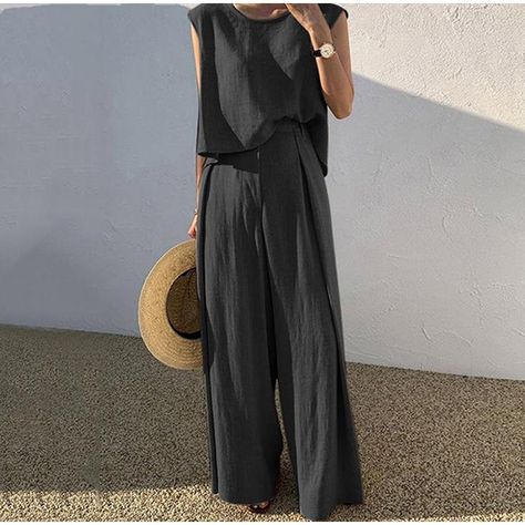 Material: Polyester/Cotton Blend Occasion: Daily Fit: Loose *The item does not include any accessories in the picture, unless stated otherwise in the product description. Size chart Size Bust Shoulder Length Waist Hipline Trousers Length CM INCH CM INCH CM INCH CM INCH CM INCH CM INCH S 98 39.2 40 16 48.5 19.4 67 26.8 110 44 101 40.4 M 103 41.2 41 16.4 49.5 19.8 72 28.8 115 46 102.5 41 L 108 43.2 42 16.8 50.5 20.2 77 30.8 120 48 104 41.6 XL 113 45.2 43.5 17.4 51.5 20.6 82 32.8 125 50 105.5 42.2 Oversize Outfits, Suit Type, Mid Waist Pants, Sleeveless Suit, Linen Fashion, Linen Casual, Mode Casual, Elegantes Outfit, Pantalon Large