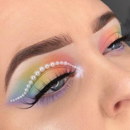 Eye Makeup With Pearls, Makeup With Pearls, Pearl Makeup, Rainbow Eye Makeup, Pastel Eyeshadow, Pastel Makeup, Pride Makeup, Rainbow Makeup, Eye Makeup Designs