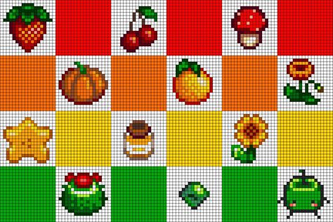 Stardew Valley Strawberry, Mushroom Pumpkin, Pixel Crochet, Pixel Art Grid, Tapestry Crochet Patterns, Crochet Design Pattern, Pixel Art Design, Pixel Pattern, Pixel Art Pattern