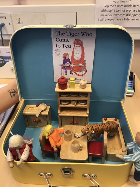 Eyfs Story Baskets, Suitcase Ideas Eyfs, Story Sack Ideas Eyfs, The Tiger Who Came To Tea, The Tiger Who Come To Tea Eyfs, Tiger Who Came To Tea Activities, Story Suitcase, Book Suitcase, Story Sack Ideas