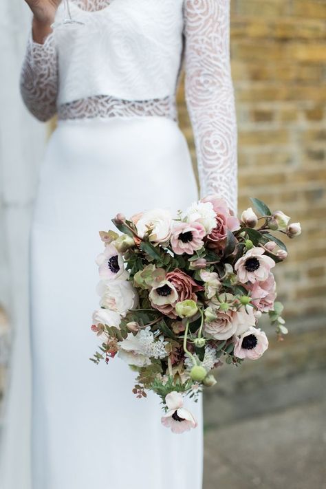 Pale pink, dusty rose, and ivory bouquet with anemones, roses, ranunculus, scabiosa, hellebores, and baby eucalyptus. Bridal Bouquet Anemone, Anemone Bridal Bouquet, Summer Wedding Bouquets, Winter Wedding Flowers, Wedding Flower Inspiration, Deco Floral, Bouquet Of Flowers, Popular Wedding, Bride Bouquets