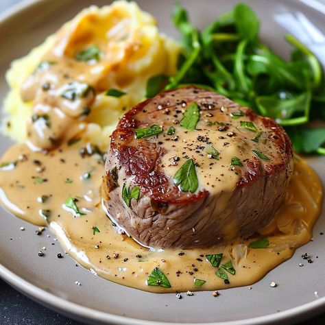 Filet Mignon with Mustard Sauce Ingredients For the Filet Mignon: 4 filet mignon steaks (about 1 1/2 inches thick) 2 tablespoons olive oil Salt and pepper to taste 2 tablespoons unsalted butter 2 cloves garlic, minced 2 sprigs fresh thyme For the Mustard Sauce: 1 cup heavy cream 2 tablespoons Dijon mustard 1 tablespoon whole-grain mustard 1 teaspoon Worcestershire sauce 1 teaspoon lemon juice Salt and pepper to taste Fresh parsley, chopped (for garnish) For the Sides: 4 cups mashed potatoe... Chef Food, Mustard Sauce, Food Babe, Läcker Mat, Best Dinner Recipes, Julia Child, Fresh Thyme, Chicken Pot, Worcestershire Sauce