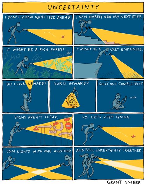 Uncertainty | Incidental Comics | April 2020 Grant Snider http://www.incidentalcomics.com/2020/04/ Incidental Comics, Grant Snider, Life Comics, Personal Power, The 5th Of November, Life Advice, Comic Strip, Words Quotes, Words Of Wisdom