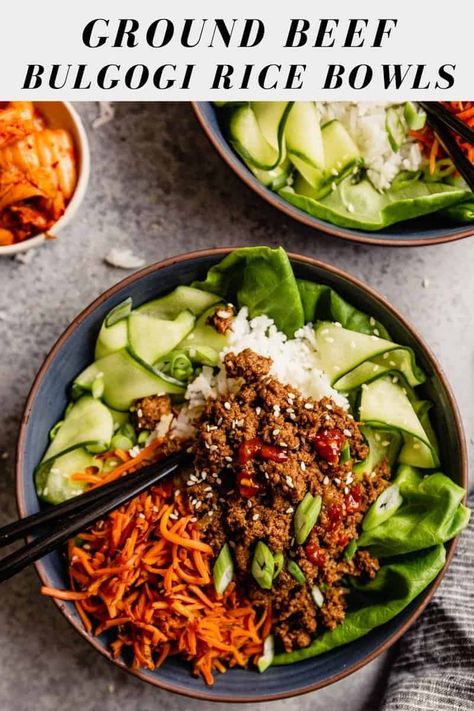 Enjoy the savory flavors of bulgogi any night of the week with this recipe for Ground Beef Bulgogi! Ready in 40 minutes, this is a great weeknight dinner or meal prep recipes. Ground beef gets big flavor from garlic, ginger, gochujang, honey and soy sauce. The Saucy beef is then served over rice with quick pickled cucumbers and charred carrots. Delicious! Ground Beef Bulgogi Recipe, Ground Beef Bulgogi, Party Dinner Ideas, Beef Bulgogi Recipe, Korean Ground Beef, Cooking With Ground Beef, Bulgogi Recipe, Recipes Healthy Dinner, Honey And Soy Sauce