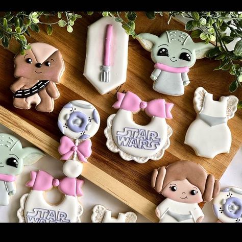 Starwars Baby Shower Ideas Girl, Star Wars Baby Shower Cookies, Princess Leia Baby Shower Ideas, Star Wars First Birthday Girl, Gender Reveal Ideas Star Wars, Starwars Baby Shower Ideas, Star Wars Baby Shower Ideas Girl, Star Wars Baby Announcement, Baby Yoda Baby Shower Ideas