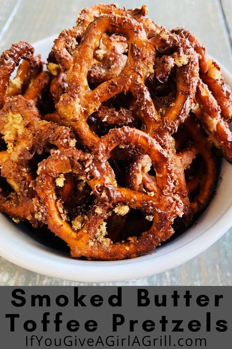 Smoked Butter Toffee Pretzels are a sweet smoky treat, pretzels coated in homemade caramel and Heath bar bits for a sweet and salty snack Using Cherry Pie Filling, Butter Toffee Pretzels, Smoked Butter, Salted Caramel Pretzel Bark, Toffee Pretzels, Caramel Pretzel Bark, Cherry Turnovers, Bbq Smoker Recipes, Seasoned Pretzels