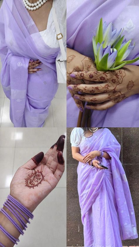 Lavender saree (from myntra) Pearls necklace (a gift from someone 🥰) Lavender Saree Aesthetic, Accessories On Saree, Saree Accessories Ideas, Pearl Necklace With Saree, Lavender Saree Look, Saree Asethic Pic, Myntra Dress For Women, Photoshoot Ideas In Saree, Necklace With Saree