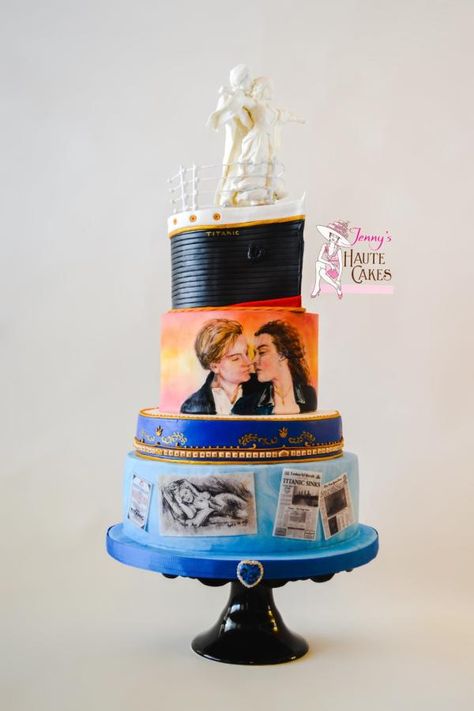 Be my Valentine Movie Nights Titanic by Jenny Kennedy Jenny's Haute Cakes Titanic Decorations, Jack Dawson And Rose, Titanic Birthday Cake, Titanic Wedding, 22 Cake, Titanic Cake, Titanic Birthday, Titanic Party, Movie Cake