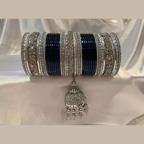 Beautiful Indian Navy Blue Metal Bangle Stack Set with Rhinestone Karas and Rhinestone Jhumki! Perfect for Indian, Pakistani, South Asian weddings and partywear.  Standard size of 2.4 inches bangle size. Bangle Stack, Sapphire Bangle, Indian Navy, Bangles Indian, South Asian Wedding, Stacked Bangles, Asian Wedding, Bangle Bracelets, Jewelry Bracelets