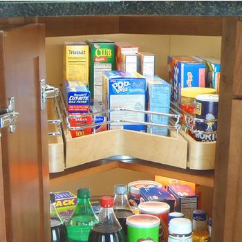 Easy Access Corner Pantry Featuring 360 Degree Single Shelf Unit by Omega National with Full Extension Drawer | KitchenSource.com Pantry Lazy Susan, Corner Cabinet Organization, Pantry Layout, Architecture Renovation, Corner Kitchen Cabinet, Corner Pantry, Kitchen Cupboard Designs, Lee Valley Tools, Pull Out Shelves