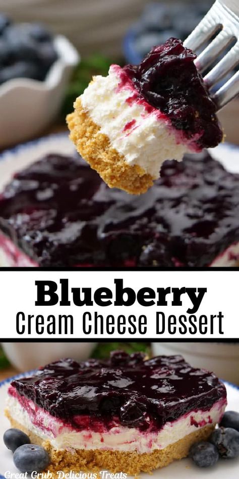 Blueberry Cream Cheese Dessert is a refreshing and delightful, easy to make, blueberry dessert recipe, made with sweet blueberry pie filling, fresh blueberries,, a fluffy and delicious cream cheese mixture all layered on a graham cracker crust. Desserts For Barbecues, Potluck Dishes Dessert, No Bake Cream Cheese Desserts, Blueberry Cream Cheese Dessert, Lemon Blueberry Dessert Recipes, No Bake Blueberry Dessert, Graham Cracker Crust Dessert, Blueberry Cheesecake Dessert, Deserts With Cream Cheese