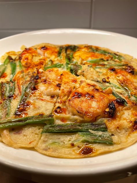 Korean Seafood Pancake (Haemul Pajeon) Haemul Pajeon, Korean Seafood Pancake, Korean Seafood, Korean Breakfast, Seafood Pancake, Shrimp Marinade, Toasted Sesame Seeds, Sesame Oil, Rice Vinegar