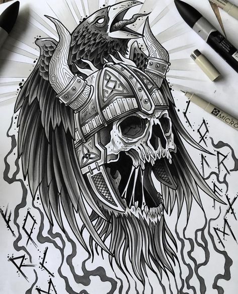 Viking Skull Art, Viking Drawings, Traditional Viking Tattoos, Tarot Card Artwork, Viking Warrior Tattoos, Viking Tattoo Sleeve, Half Sleeve Tattoos Drawings, Becoming A Tattoo Artist, Viking Skull