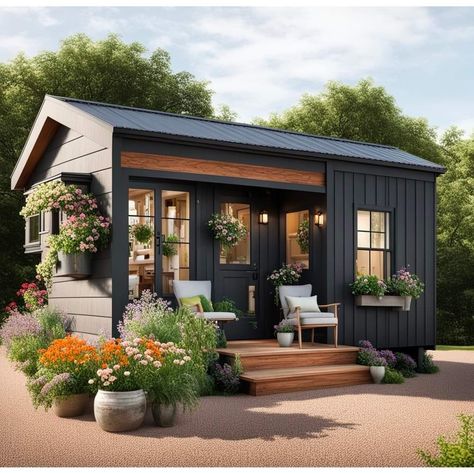 Exterior Design Tiny House, Exterior Tiny House Colors, Modern Tiny House Exterior Ideas, Tiny Home Landscaping Ideas, Retro Tiny House, Tiny Home Exterior Ideas, Mini Houses Tiny Homes, Tiny Home Exteriors, Modern Mini House