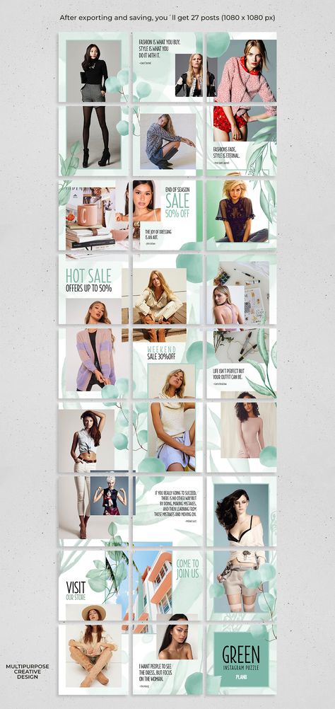 Green - Social Media Instagram Puzzle Feed. Present your design on this mockup. Includes special layers and smart objects for your creative works. Tags: banner, blogger, business, clothing, colorful, discount, easy to edit, fashion, fashion store, feed, flyer, insta, instagram, instagram grid, instagram store, Layout Design, MINIMALIST, multipurpose, new arrival, party, post, promotion, puzzle, sale, shop, social media, store, trendy, urban. #mockup #psdmockup #brandmockup #yellowimages Checkered Instagram Feed, Clothing Brand Instagram Grid, Instagram Grid Layout Ideas Fashion, Instagram Shop Layout, Instagram Clothing Layout, Instagram Grid Design Fashion, Layout Design Minimalist, Store Layout Design, Create Canva Templates