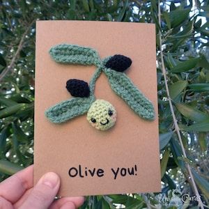 Crochet Olive, Pun Card, Valentines Crochet, Olive Branch, Logo Stamp, Watercolor Cards, Love Cards, Crochet Dolls, Yarn Crafts