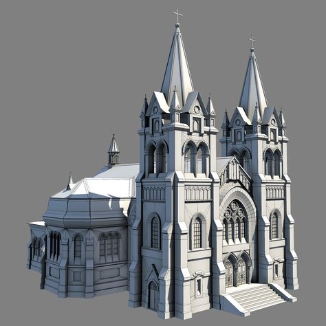 Low Poly Architecture, Gothic Cathedral Exterior, Fantasy Cathedral, Blender Architecture, Low Poly Building, Architecture Gothic, Animation Practice, Model Castle, Cathedral Design