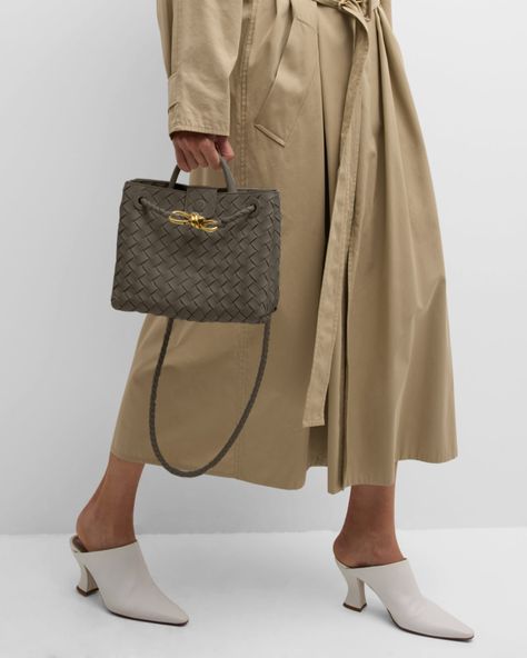 Bottega Veneta "Andiamo" tote bag in intrecciato leather     Top handle, 2.4" drop    Adjustable crossbody strap    Can be worn as a top handle or crossbody bag     Open top with magnetic closure; center knot accent     Interior, one zip pocket and one slip pocket     Approx. 7.9"H x 9.6"W x 3.9"D    Made in Italy Andiamo Bag, Bottega Veneta Andiamo, Bottega Veneta Intrecciato Bag, Italian Culture, Bottega Veneta Intrecciato, Open Top, Crossbody Strap, Leather Top, Magnetic Closure