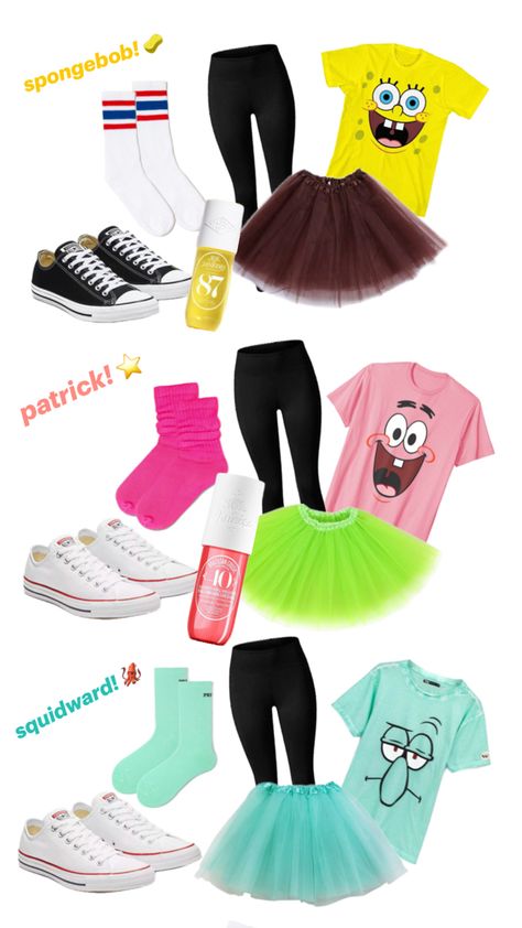 a bright and yellow, a cute and pink and a grumpy and teal spongebob, patrick and squidward costume with everything you would need! 💛🩷🩵 Spongebob Patrick And Squidward Costume, Patrick Diy Costume, Spongebob Trio Costume, Patrick Star Inspired Outfits, Spongebob Patrick And Squidward Costumes, Spongebob And Sandy Costume, Cute Spongebob Outfits, Diy Gary The Snail Costume, Spongebob Halloween Costumes Group