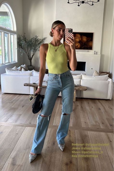 Lemon Green Top Outfit, Lemon Top Outfit, Lemon Green Shirt Outfit, Yellow Tank Outfit, Lemon Yellow Top Outfit, Jeans And Green Top Outfit, Yellow Top Outfit Summer, Knitted Tank Top Outfit, Yellow Tank Top Outfit