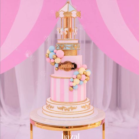 Girly Carousel Carnival Cake from a Pink Carnival Birthday Party  #kidsbirthdayparty #kidsbirthdaypartyideas #girlbirthdayparty #girlbirthdaypartyideas Pink Pastel Color Palette, Pink Carnival Birthday Party, Tent Backdrop, Carnival Themed Cakes, Carnival Birthday Cakes, Pink Carnival, Carnival Tent, Carousel Birthday Parties, Carnival Cakes