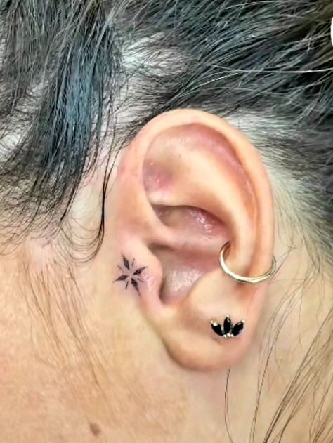 Tiny Ear Tattoo Tragus, Decorative Ear Tattoo, Sparkle Ear Tattoo, Ear Tattoo Tragus, Tragus Tattoos For Women, Tragus Ear Tattoo, In Front Of Ear Tattoos For Women, Fine Line Behind Ear Tattoo, Front Of Ear Tattoos For Women