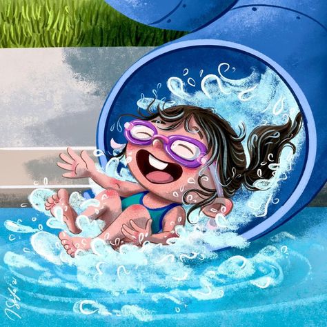 Jenny Slife on Instagram: “#childhoodweek Day 5 - Splash When I was a kid and taking swimming lessons, they let us go on the water slide at the pool after class one…” Water Slide Illustration, Go Swimming, Swimming Lessons, Pool Slide, Swim Lessons, Water Slide, Pool Days, Water Slides, Childrens Illustrations