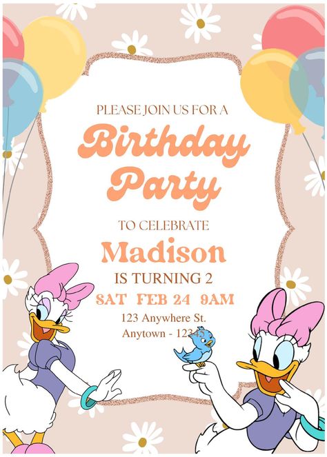 Nice (Free Editable PDF) Daisy's Day Out Daisy Duck Birthday Invitation Templates Every birthday kid will tell you what they do like or dislike and it is important part of any party to point out what kind of theme you will go for. The most common mistake we make is ignoring these a... Daisy Duck Birthday, Double Birthday Parties, Party Decoration Items, Daisy Birthday, Duck Birthday, 2nd Birthday Party Themes, Daisy Duck, 2nd Birthday Parties, 3rd Birthday