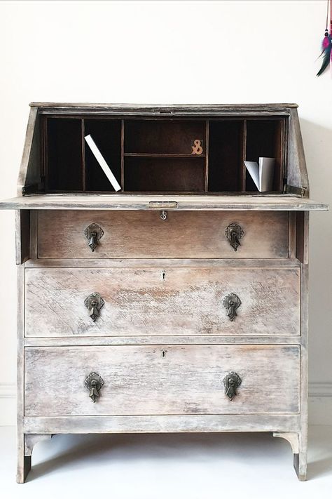 RUSTIC LIMEWASH ART DECO BUREAU | Chloe Kempster furniture artist Painted Writing Bureau, Bureau Upcycle, Painted Writing Desk, Refinished Vintage Furniture, Writing Bureau, Vintage Painted Furniture, Writing Desks, Upcycle Ideas, Refinished Furniture