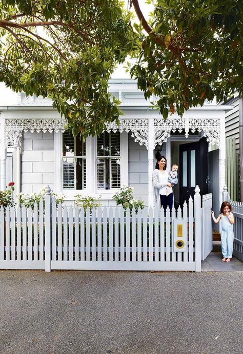 Weatherboard House, Glass Extension, Fence Styles, Cottage Renovation, Cottage Exterior, White Picket Fence, Victorian Cottage, Exterior Makeover, Style Makeover