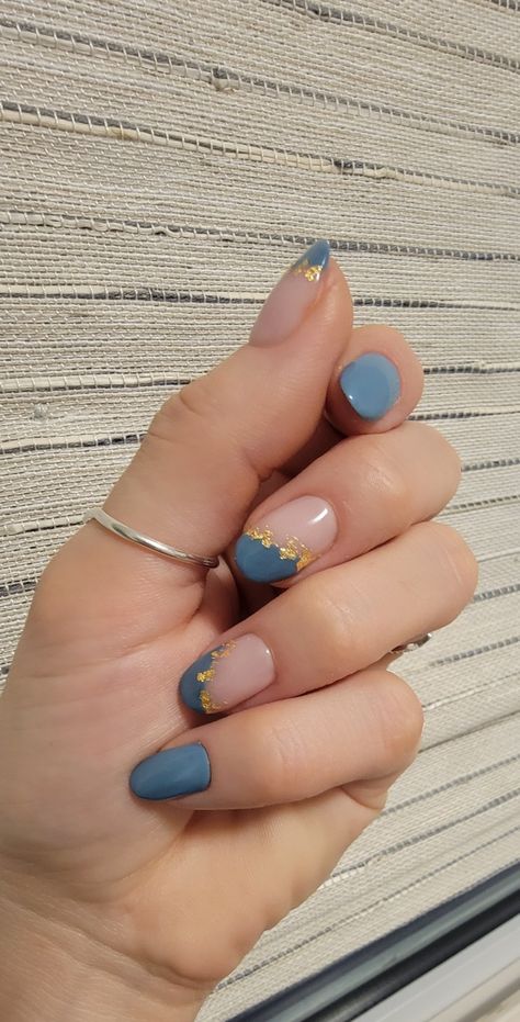 Simple Foil Nail Art, Blue And Gold Leaf Nails, Bridal Nails Wedding Blue, Pale Blue And Gold Nails, Nail Ideas With Foil, Dusty Blue And Gold Nails, Blue And Gold Flake Nails, Blue Nails Wedding Guest, Blue And Gold Wedding Nails