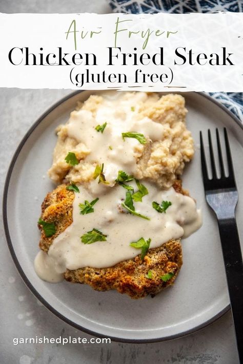 Paleo Chicken Fried Steak, Chicken Fried Steak Gluten Free, Gf Chicken Fried Steak, Gluten Free Chicken Fried Steak, Gluten Free Air Fryer Recipes, Air Fryer Chicken Fried Steak, Chicken Fried Steak Easy, Steak In The Air Fryer, Gf Cooking