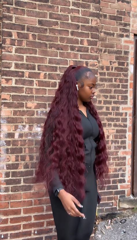 Burgundy Protective Hairstyles, Half Up Half Down Burgundy Wig, Burgundy Half Up Half Down, Pro Hairstyles, Burgundy Half Up Half Down Weave, Burgundy Sleek Ponytail Weave, Burgundy Ponytail, 99j Ponytail, Burgandy Wig Hairstyles For Black Women