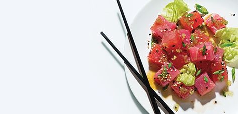 Michel Richard's Tuna & Compressed Watermelon Salad | Sous-Vide Magazine Compressed Watermelon, Watermelon Appetizer, Watermelon Recipe, Raw Tuna, Tuna Recipe, Melon Salad, Citrus Dressing, Sous Vide Recipes, Tuna Salad Recipe