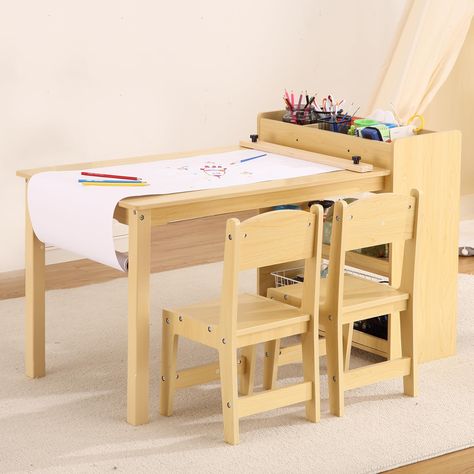 PRICES MAY VARY. [Multi-Functional Design]: This kids' art table with 2 chairs transforms effortlessly from a study desk to a creative art station. Equipped with 2-tier bookcases and 4 storage compartments, it supports a variety of activities from reading to crafting. [Ample Storage Space]: Keep your child’s play area neat and organized! Our desk features spacious storage options for art supplies, toys, and books, ensuring a clutter-free zone for eating, drawing, and playing. [Creative Roll Pape Kid Size Table And Chairs, Kids Chair And Table, Kids Craft Table, Kids Wooden Chair, Eating Drawing, Kids Art Table, Kids Craft Tables, Nursery Classroom, Toddler Craft