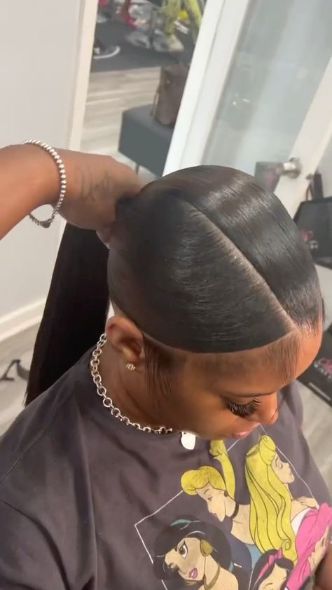 Straight Hair Ponytail Black Women, Push Back Ponytail, 3 Section Slick Back Ponytail, 3 Way Ponytail, Cute Quick Ponytail Hairstyles, 3d Part Ponytail, No Part Slick Back Ponytail, Ponytail With Straight Hair, Straight Back Ponytail