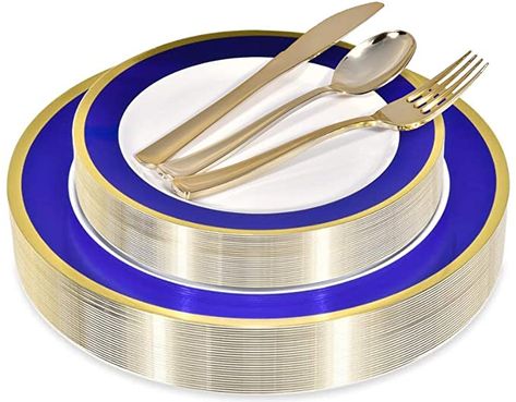 Amazon.com: Blue and Gold Rim Plastic Dinnerware (125-Piece) Plastic Plates, Plastic Forks, Plastic Knives, Plastic Spoons - Service for 25 Guests Place Setting for Wedding, Party, Baby Shower, Birthday, Holiday: Kitchen & Dining Fancy Plastic Plates, Dinner Party Settings, Gold Plastic Silverware, Gold Plastic Plates, Plastic Silverware, Plastic Dinnerware, Plastic Forks, Wedding Plates, Plastic Cutlery