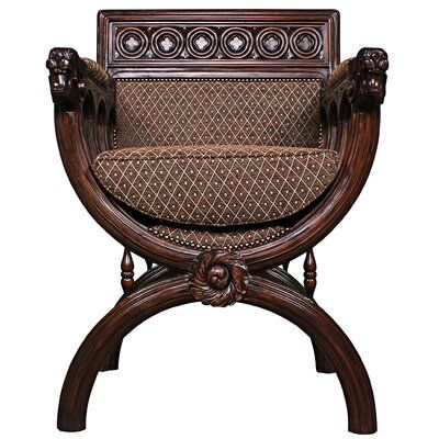 A synergy of hand-carving and fine upholstery highlights the Gothic influence of this Renaissance-style x-cross chair once reserved for the public occasions of revered magistrates and noted nobles. This magnificently hand-carved, solid mahogany replica chair boasts deeply carved lions heads with bared teeth and Gothic rosettes, while the generous expanse of luxurious brown and antique gold patterned upholstery highlights both front and back of its dark brown finish. Welcome guests with this Desi Ornate Chairs, Gothic Chair, Royal Chair, Fancy Chair, Carved Chairs, Medieval Furniture, Chinese Furniture, Chair And A Half, Antique Chairs