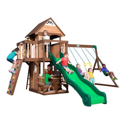 Backyard Discovery Mount Triumph All Cedar Swing Set Small Playhouse, Outdoor Playset, Cedar Roof, Wooden Playset, Rock Climbing Wall, Natural Playground, Wooden Swings, Built In Grill, Step Ladder