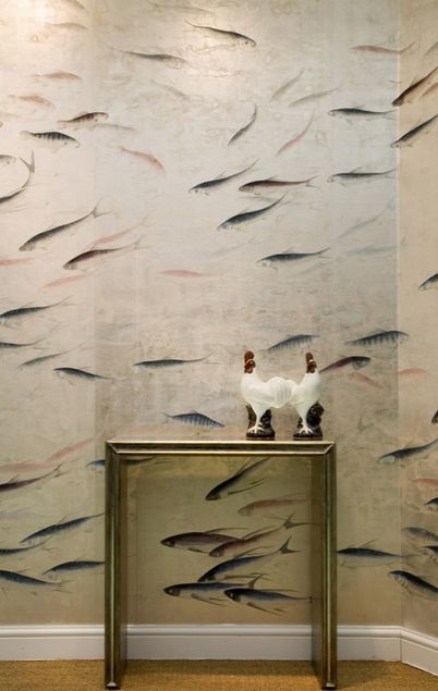 de Gournay fish wallpaper                                                                                                                                                                                 More Gournay Wallpaper, Decorated Wall, De Gournay Wallpaper, Fish Fabric, Fish Tales, Deco Rose, Sea Wallpaper, Hand Painted Wallpaper, Chinoiserie Wall