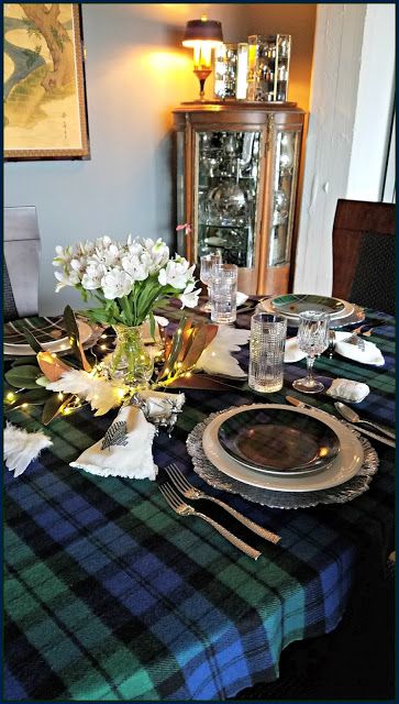 Panoply: Black Watch Tartan Plaid Holiday Tablescape Tartan Christmas Decorations, Plaid Wedding, Table Settings Everyday, Black Watch Plaid, Pretty Table Settings, Angel Wing Ornaments, Holiday Tablescape, Black Watch Tartan, Tartan Christmas