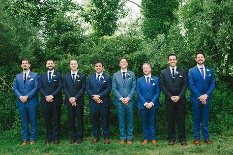 An Antique-Inspired Wedding in a Connecticut Barn Blue Suit Groomsmen, Wedding Blue Suit, Mismatched Groomsmen, Antique Inspired Wedding, Vintage Wedding Suits, Blue Groomsmen Suits, Suit Groomsmen, Vintage Barn Wedding, Blue Groomsmen