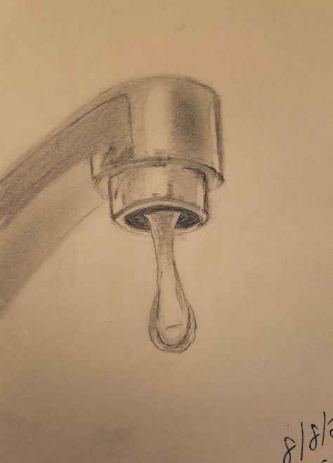 Daily challenge for "tap". I decided to try my hand at a realistic sketch using a stock photo of dripping tap water. I used a ref that you can find in my "Sketching" album. Inktober 2023 Drip, Drink Spilling Drawing, Water Sketch Pencil, Realistic Sketches Objects, Cup Of Water Drawing, Water Dripping Drawing, Drip Inktober, Water Tap Drawing, Drip Sketch