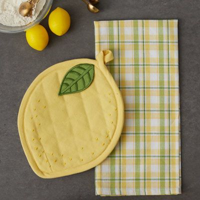 DII offers full collections of trend-based designs, bringing you fresh, innovative lines of quality home products for every season. Let DII products become a valuable part of your life. | Design Imports Lemon 2-Piece Potholder Set Cotton in Yellow, Size 18.0 W in | Wayfair Lemon Ideas, Orange Kitchen Decor, Lemon Kitchen Decor, Fruit Kitchen, Quilted Coasters, Lemon Kitchen, Ceramic Frogs, Quilted Potholders, Tea Coaster