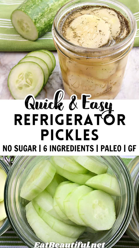 Easy Refrigerator Pickles are awesomely delicious! -- great to serve as a side to any meal. Use as a condiment, garnish, on sandwiches, in salads, to nibble on and more. | pickled | cucumbers | paleo | gluten free | no sugar | garden | summer | recipe Diy Cucumber Pickles, Pickles Homemade Easy Refrigerator Spicy, Pickles Without Vinegar, Diy Pickles Easy, How To Make Pickled Cucumbers, Fridge Pickles Easy, How To Make Pickles From Cucumbers, Homemade Pickles Easy, Easy Pickled Cucumbers