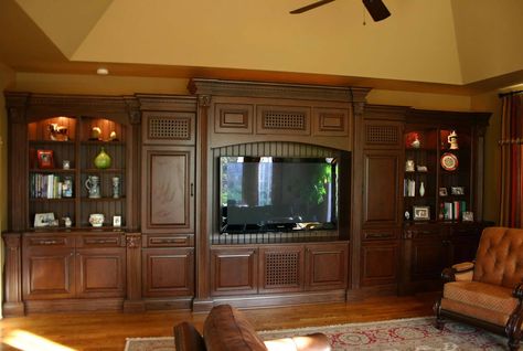 Custom media center with mahogany wood bookcases Cherry Wood Bookshelves, Brown Entertainment Center, Wall Units For Tv Entertainment Center Dark Wood, Tv Bookcase, Cherry Wood Bedroom, Red Bookcase, Wet Bar Cabinets, Mahogany Tv Stand, White Tv Cabinet