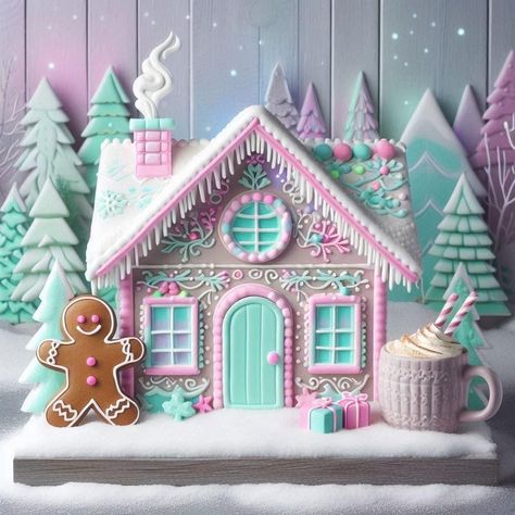 Colourful Gingerbread House, Pastel Gingerbread House Decor, Pastel Christmas Village Houses, Pastel Christmas Village, Gingerbread House Pastel, Candy Land Gingerbread House, Girly Gingerbread House, Pastel Gingerbread Christmas Decor, Ginger Bread House Decor Ideas