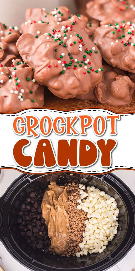 Crockpot Candy is easy to make and prepared in 5 minutes using only peanuts, 2 types of chocolate chips, peanut butter, toffee bits, and a slow cooker. This Christmas crockpot candy is a set-it-and-forget-it method and is perfect for holiday cookie exchanges and homemade Christmas gifts. Candy Crockpot Recipes, Easy Christmas Treats Crockpot, Crockpot Xmas Candy, Easy Party Crockpot Food, Crockpot Peanut Brittle, Crock Pot Christmas Candy Recipes, Crockpot Candy With Peanut Butter, Crockpot Christmas Cookies, Crockpot Chocolate Candy Recipes