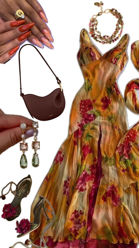 #collage #summeroutfit #outfit #flowydress #floraldress #nails #accessories #trendystyles #floral Sunset Outfit, Nails Accessories, Flowy Dress, Floral Dress, Trendy Fashion, Jewelry Accessories, Summer Outfits, Collage, Nails